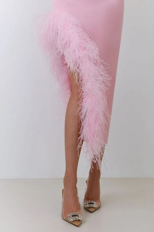 FEATHER TRIM SPLIT MIDI DRESS IN BUBBLEGUM Gloria Lanvin