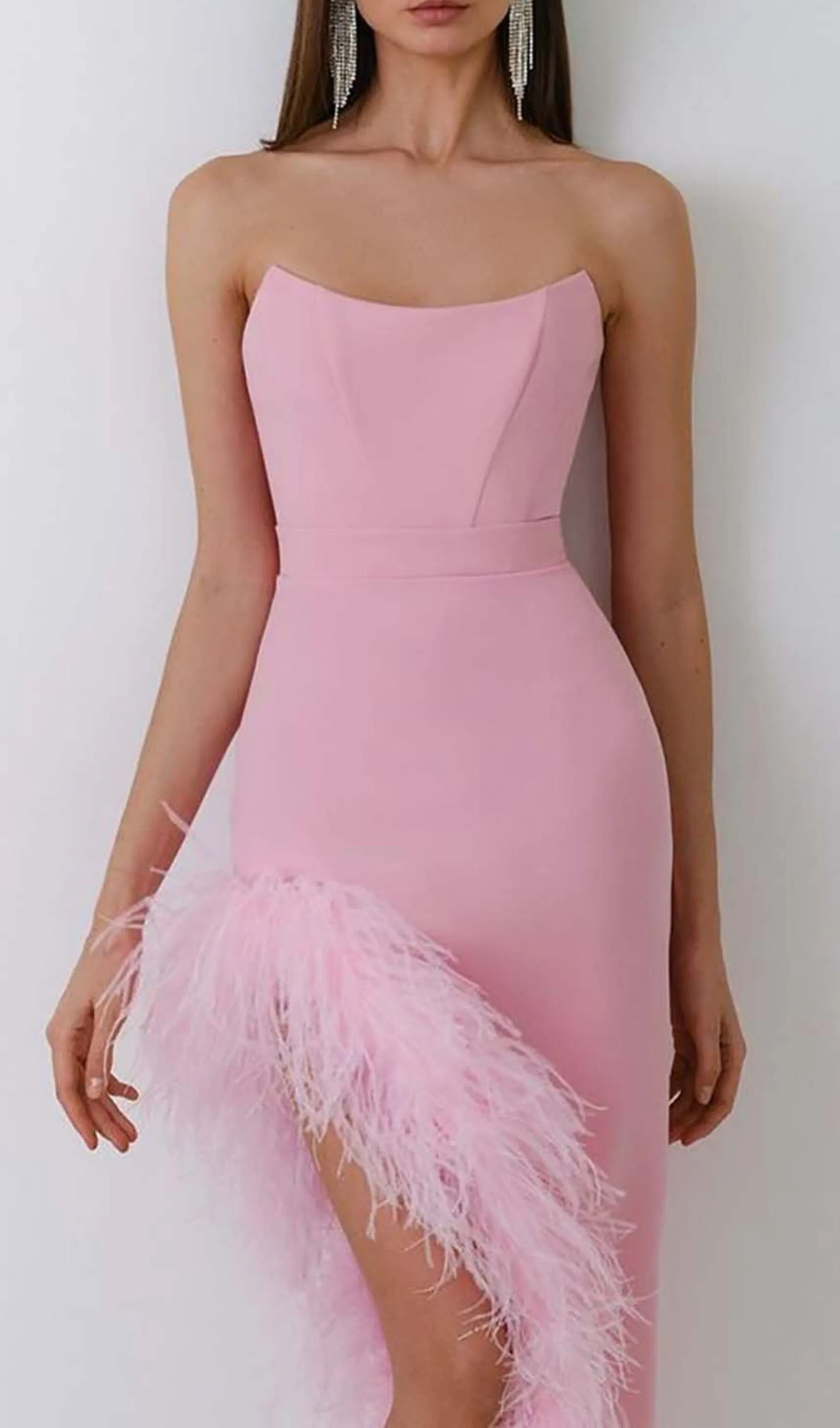 FEATHER TRIM SPLIT MIDI DRESS IN BUBBLEGUM Gloria Lanvin