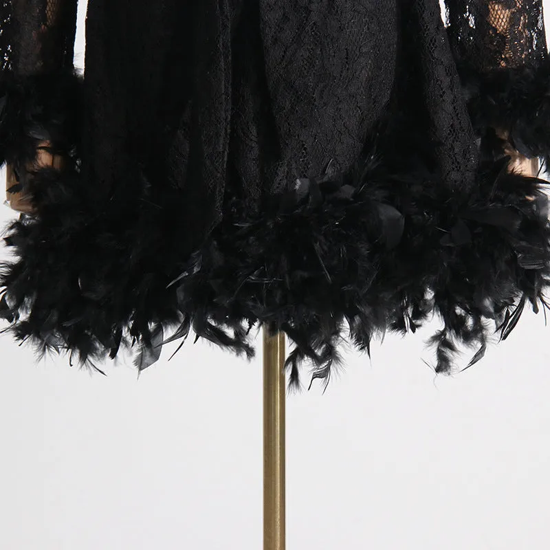 FEATHER TRIMMED LACE DRESS Gloria Lanvin