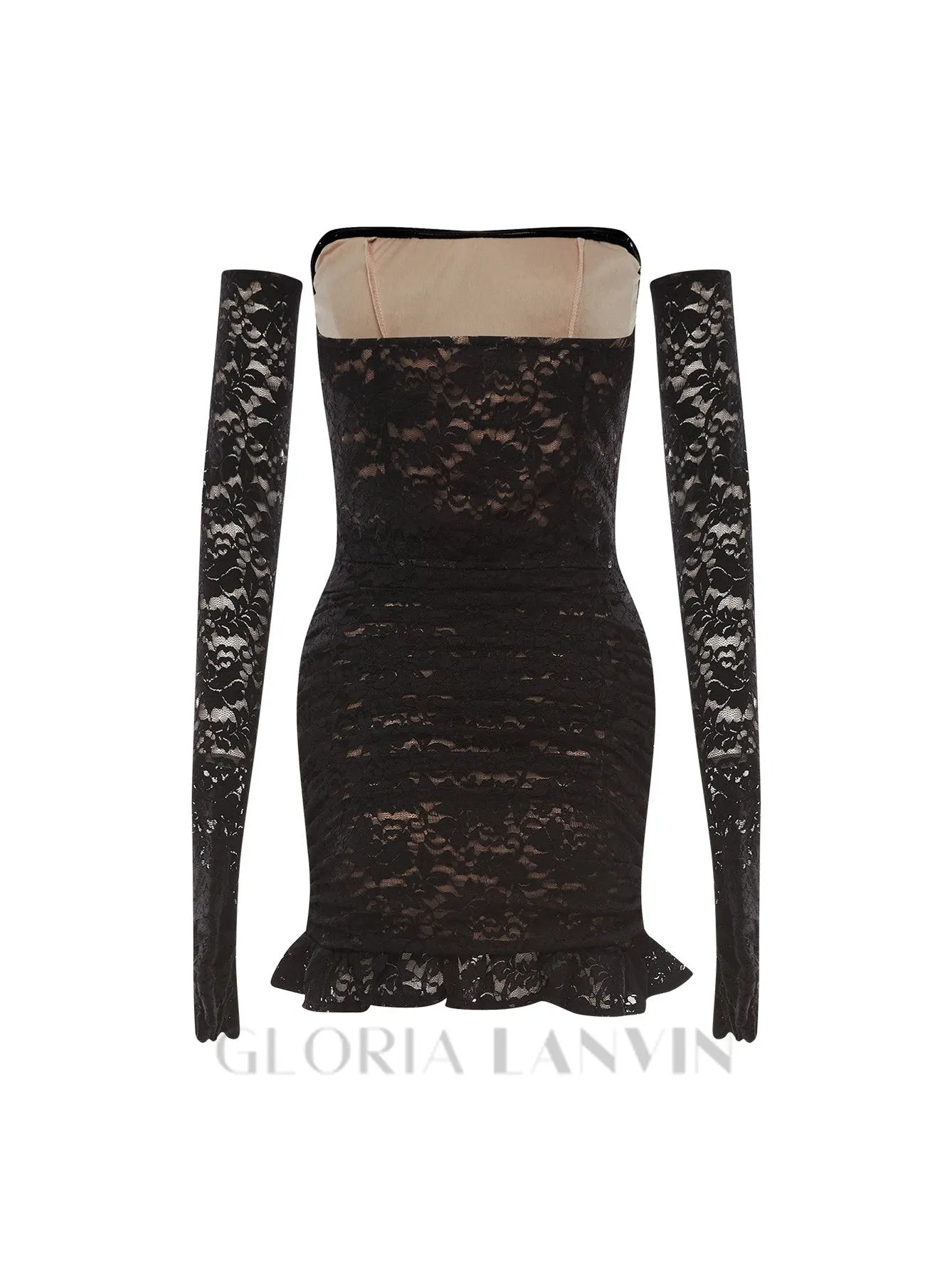 fishbone embellished lace ruffle mini dress in black Gloria Lanvin