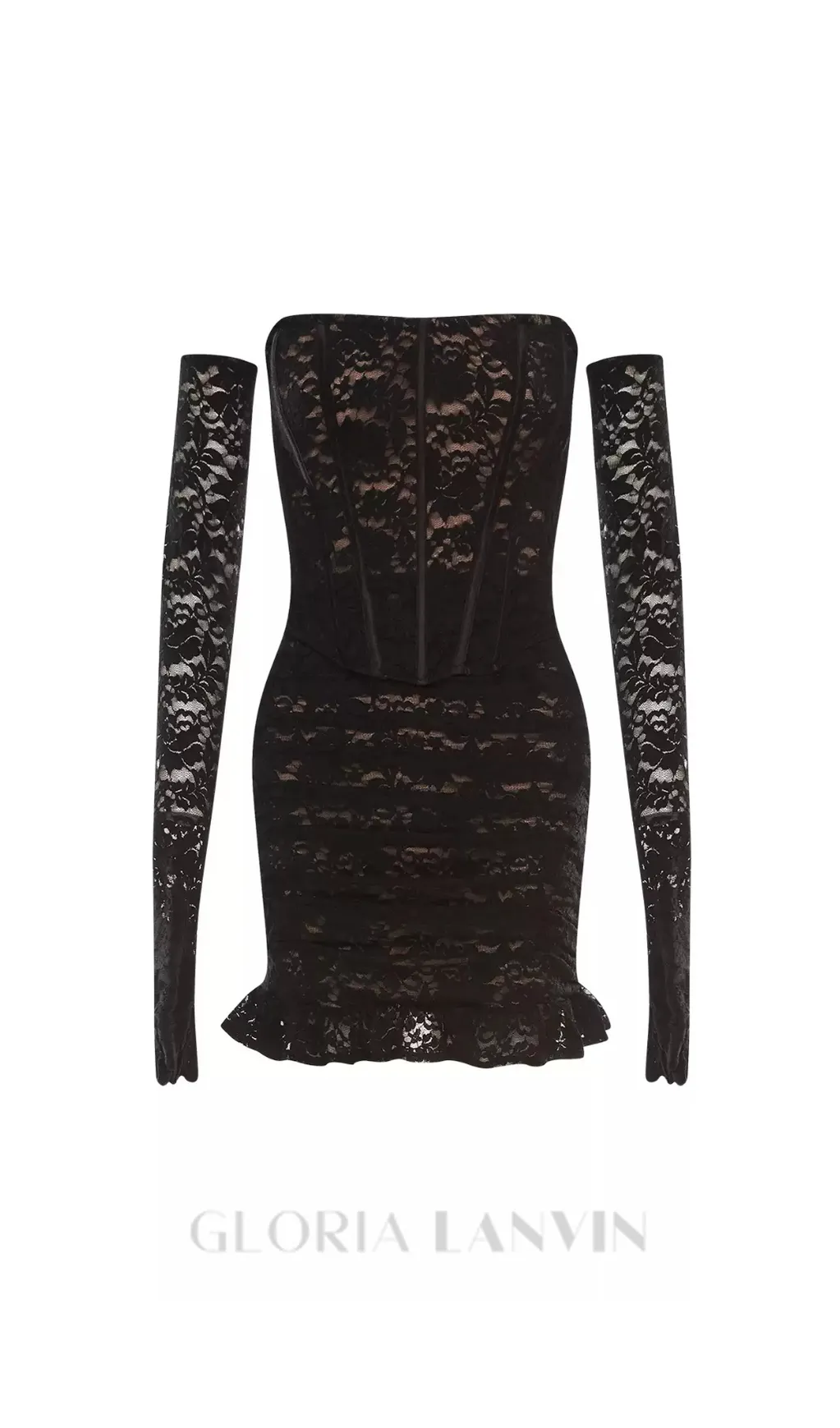 fishbone embellished lace ruffle mini dress in black Gloria Lanvin