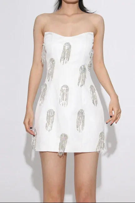 Flor Sleeveless Diamond Tassels Mini Dress in white Gloria Lanvin