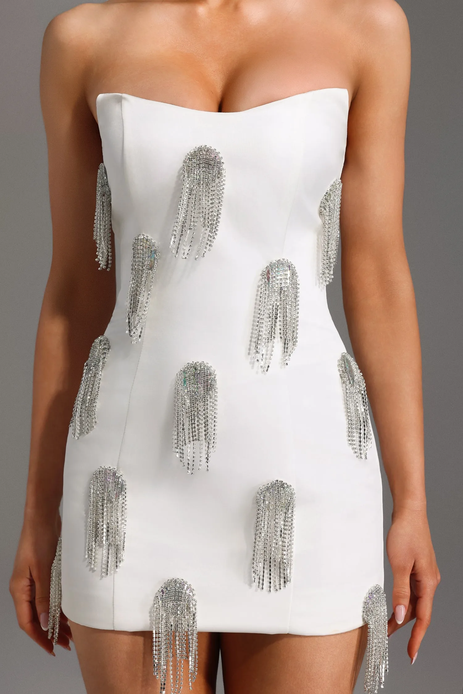 Flor Sleeveless Diamond Tassels Mini Dress in white Gloria Lanvin