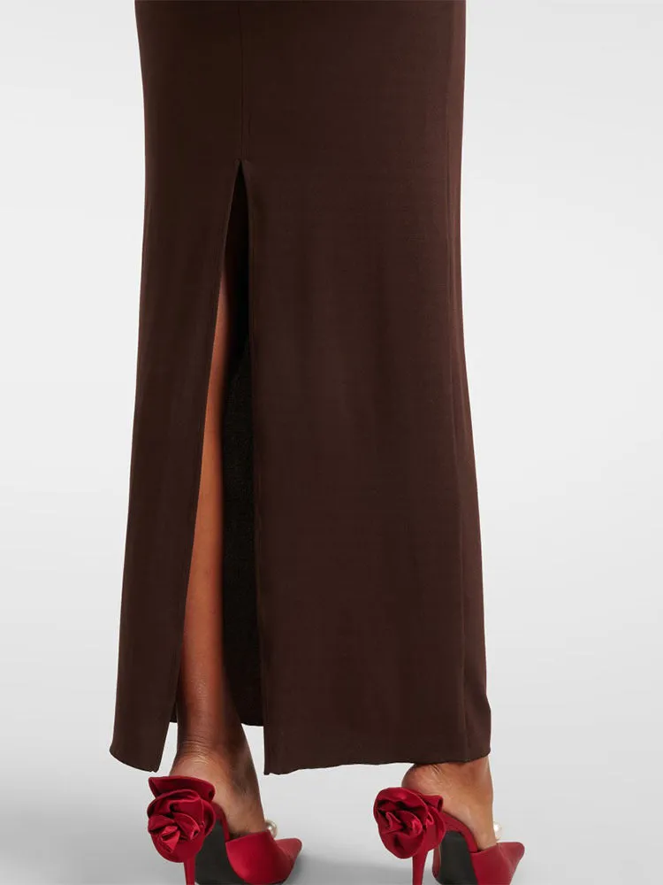 Floral-appliqu jersey maxi dress in brown Gloria Lanvin
