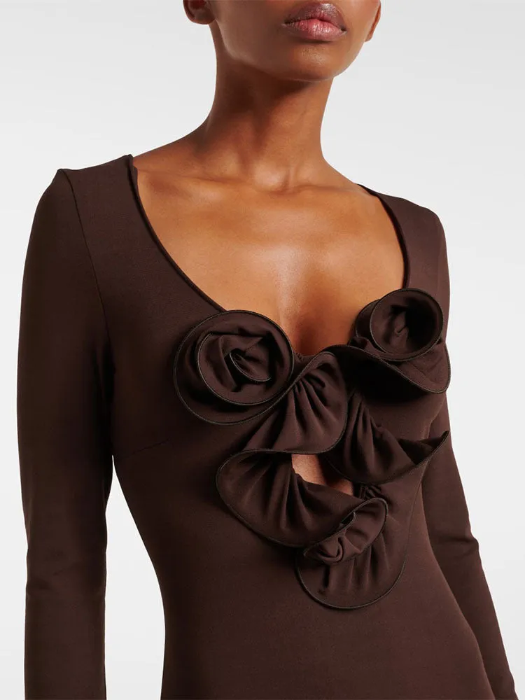 Floral-appliqu jersey maxi dress in brown Gloria Lanvin