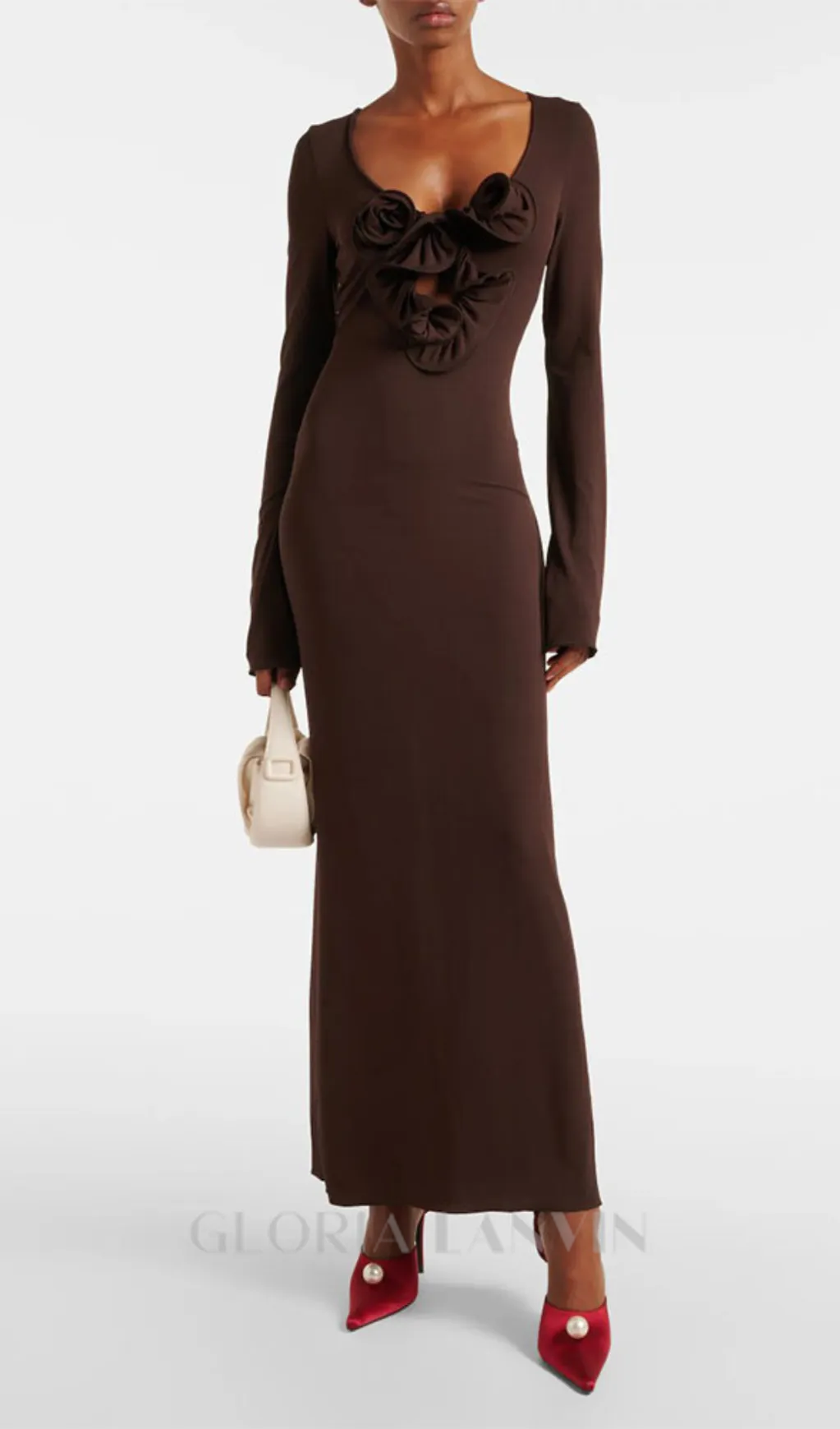 Floral-appliqu jersey maxi dress in brown Gloria Lanvin