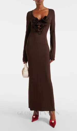 Floral-appliqu jersey maxi dress in brown Gloria Lanvin