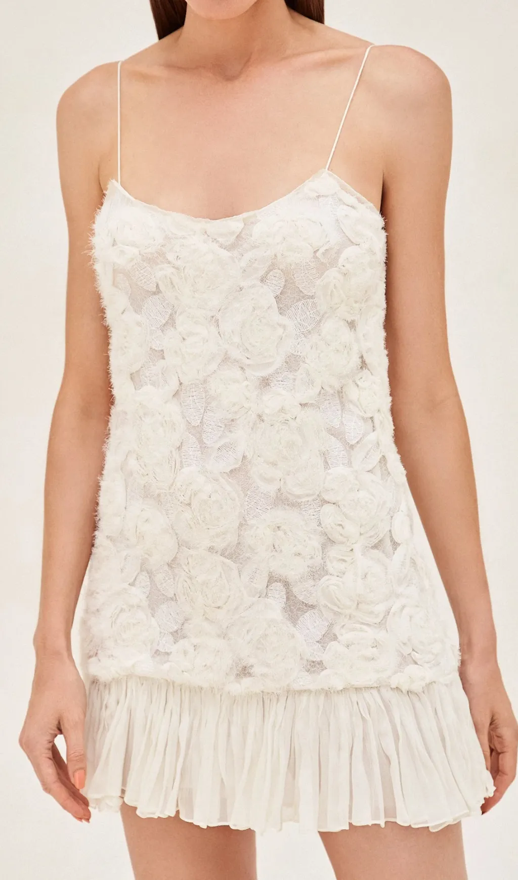 FLORAL APPLIQU PLEATED HEM MINI DRESS IN WHITE Gloria Lanvin