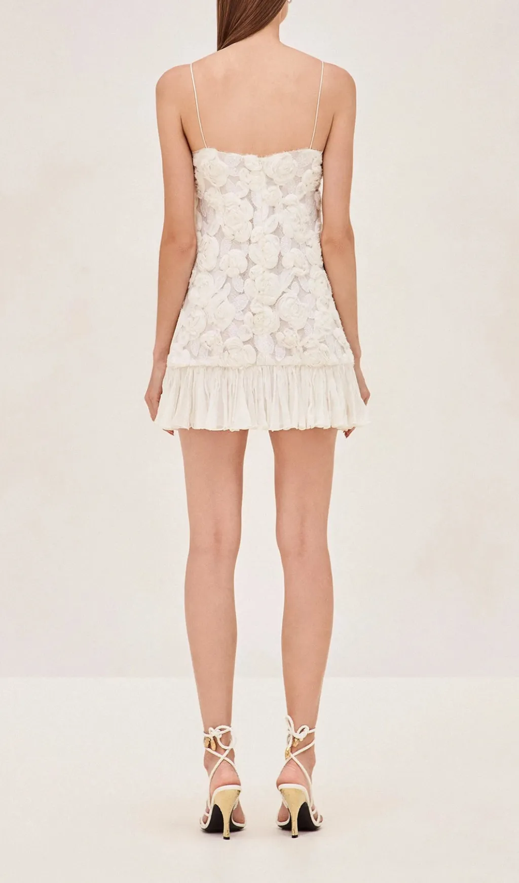 FLORAL APPLIQU PLEATED HEM MINI DRESS IN WHITE Gloria Lanvin