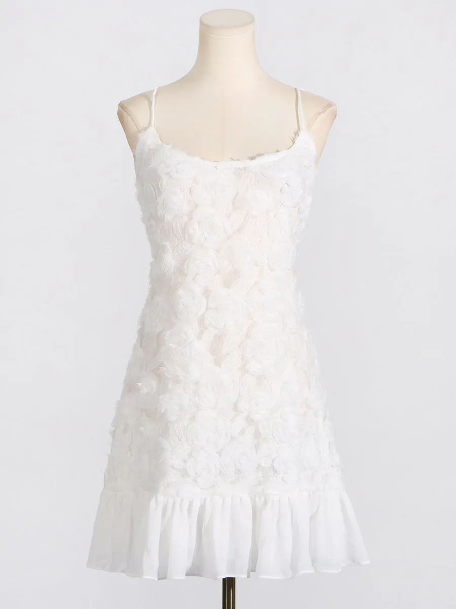 FLORAL APPLIQU PLEATED HEM MINI DRESS IN WHITE Gloria Lanvin