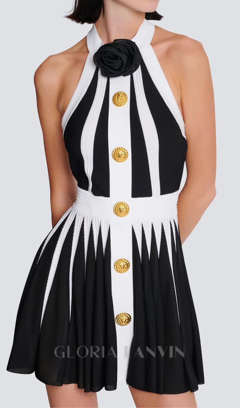FLORAL-APPLIQU PLEATED KNIT MINI DRESS Gloria Lanvin