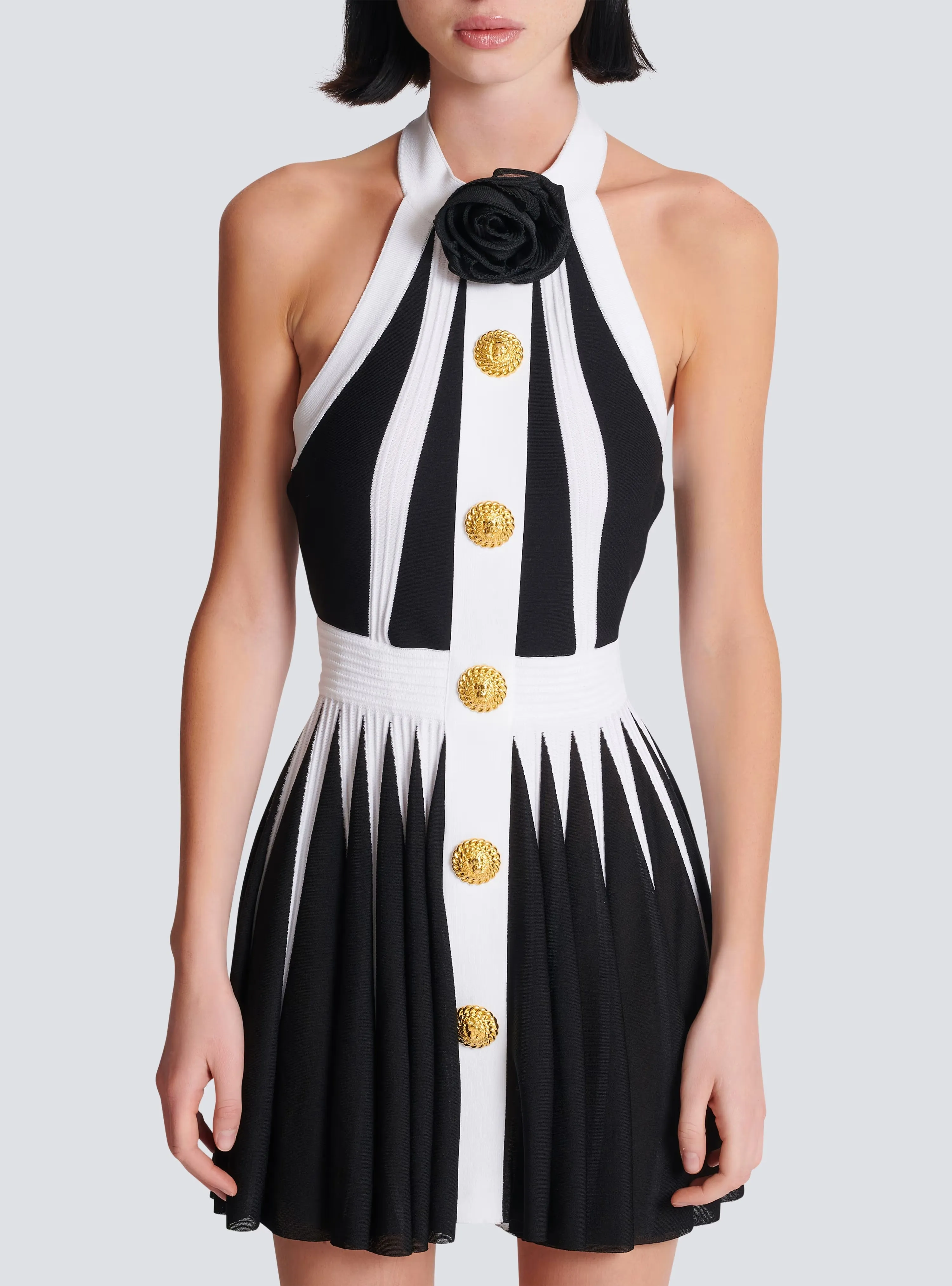 FLORAL-APPLIQU PLEATED KNIT MINI DRESS Gloria Lanvin