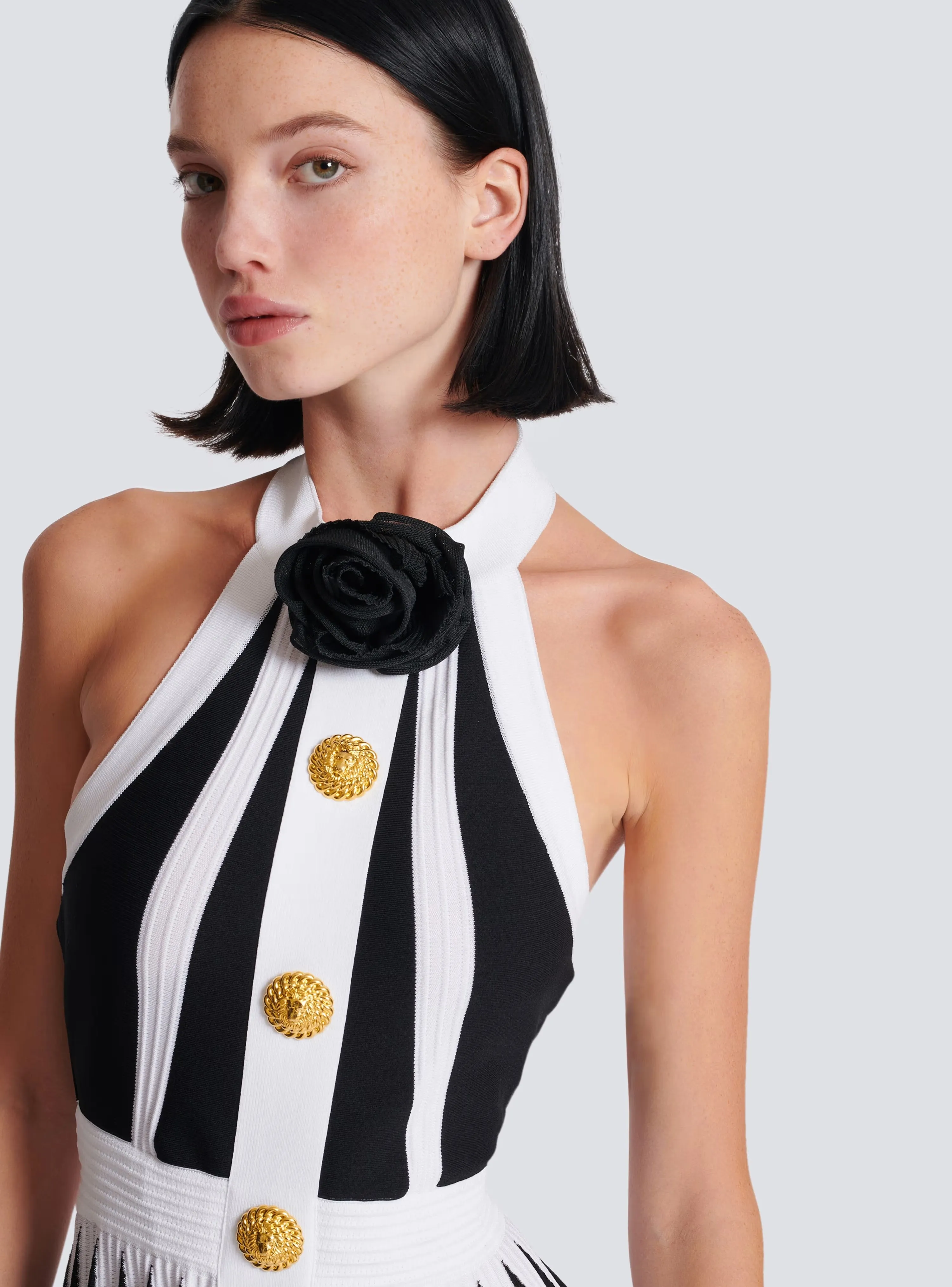 FLORAL-APPLIQU PLEATED KNIT MINI DRESS Gloria Lanvin
