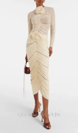 Floral-appliqu ruched skirt set in beige Gloria Lanvin