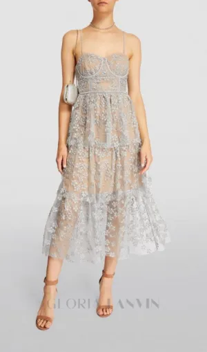 FLORAL EMBELLISHED MIDI DRESS IN BLUE Gloria Lanvin