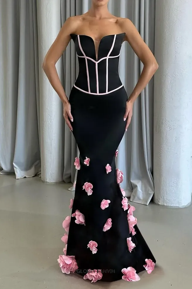 Floral embellished Strapless Maxi Dress in Black Gloria Lanvin