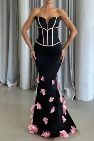 Floral embellished Strapless Maxi Dress in Black Gloria Lanvin
