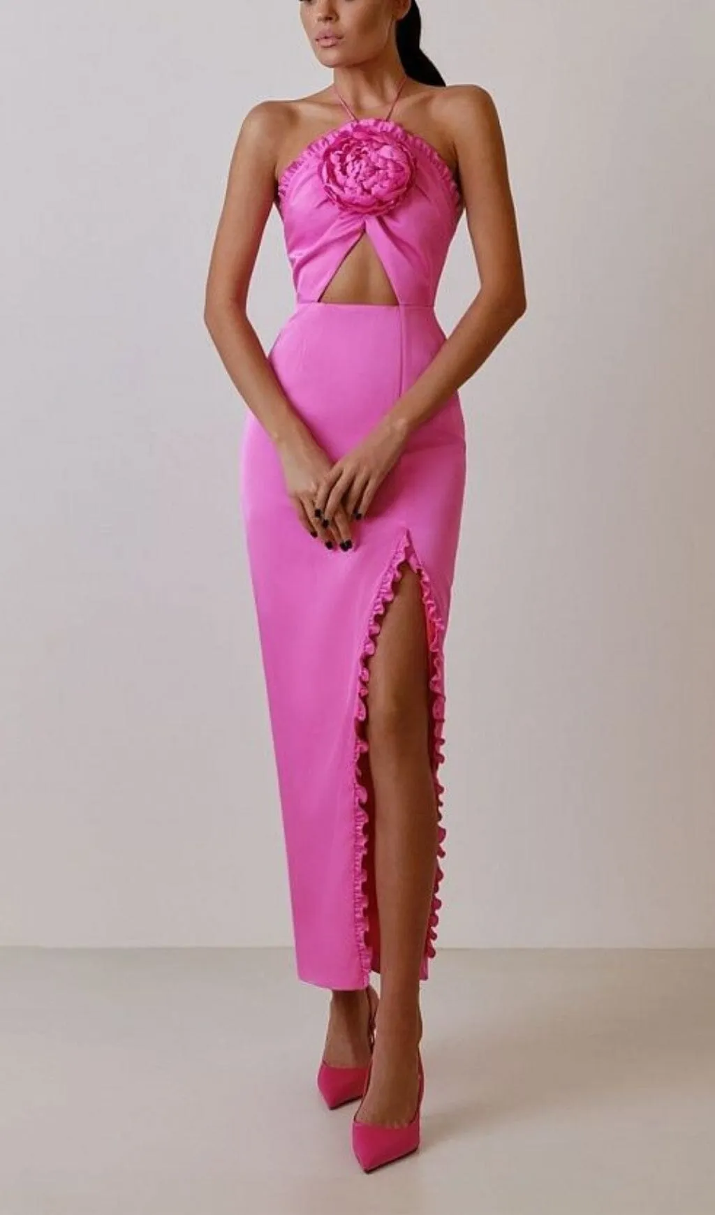 FLORAL EMBELLISHEDSLIT MIDI DRESS IN PINK Gloria Lanvin