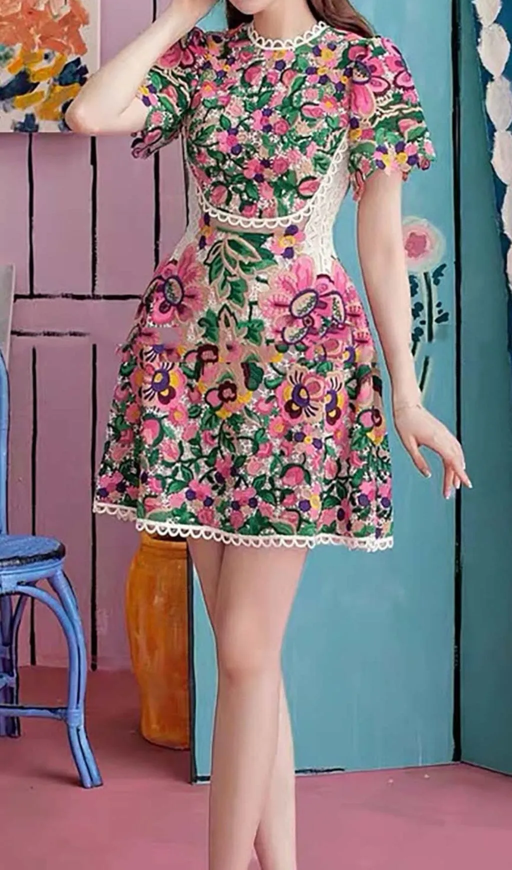 FLORAL-EMBROIDERED LACE MINI DRESS Gloria Lanvin