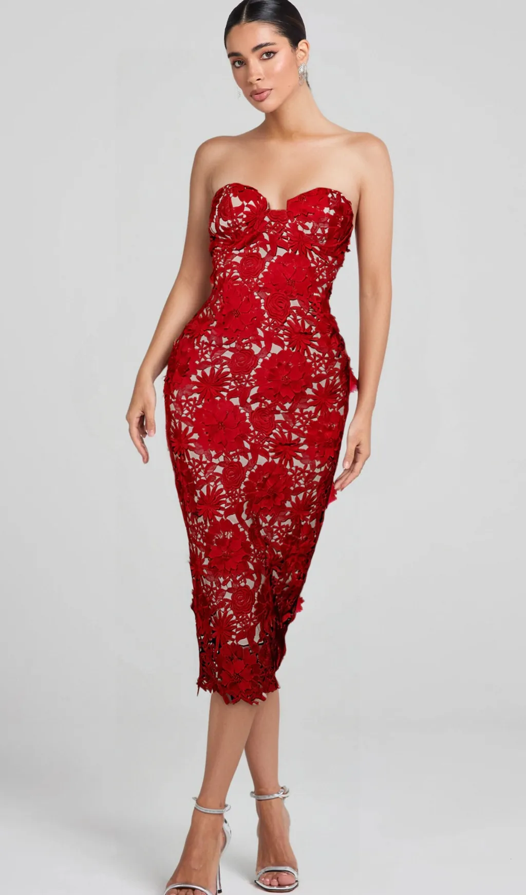 FLORAL EMBROIDERED MIDI DRESS IN RED Gloria Lanvin
