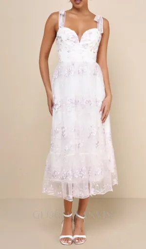 Floral Embroidered Tie-Strap Midi Dress in white Gloria Lanvin