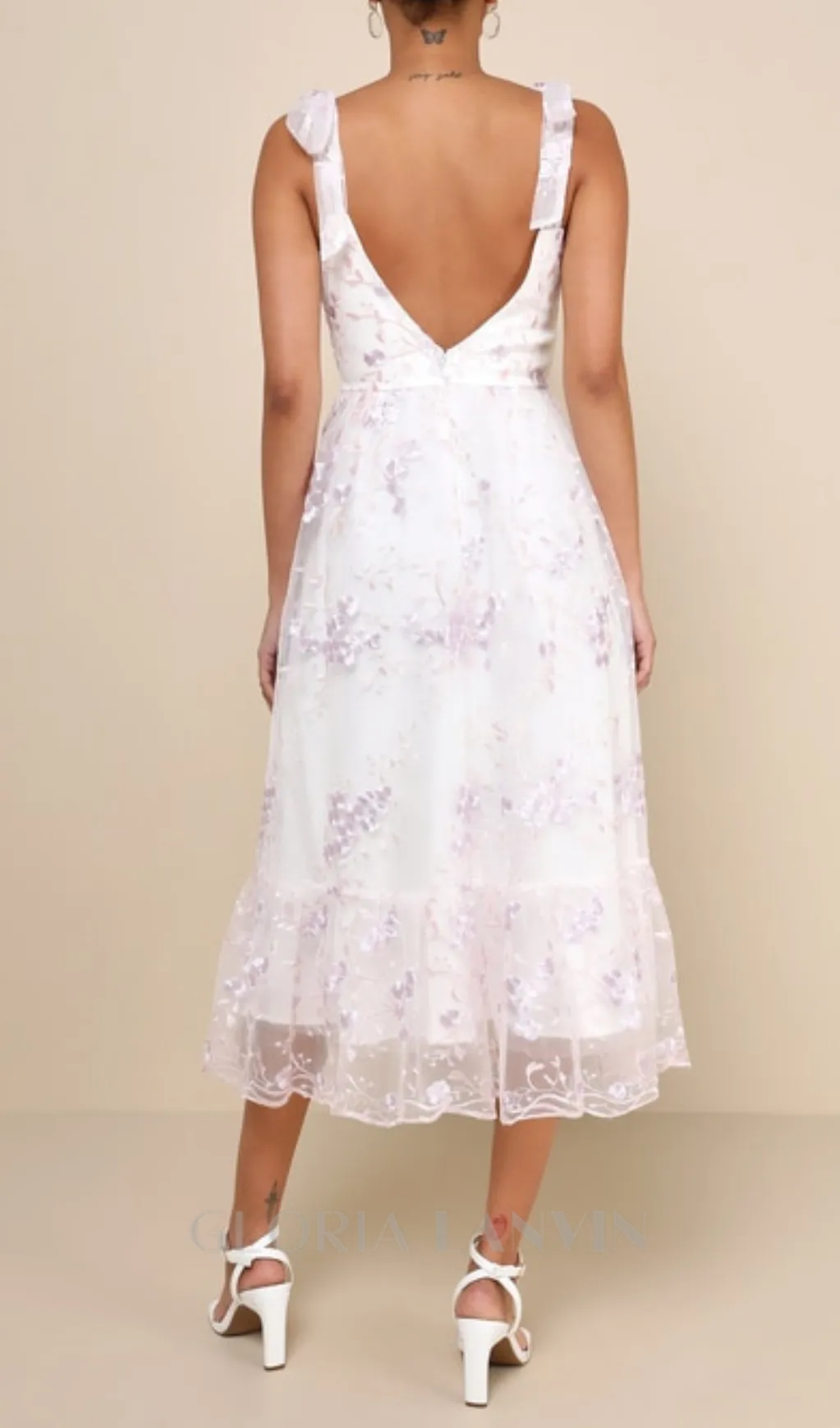 Floral Embroidered Tie-Strap Midi Dress in white Gloria Lanvin