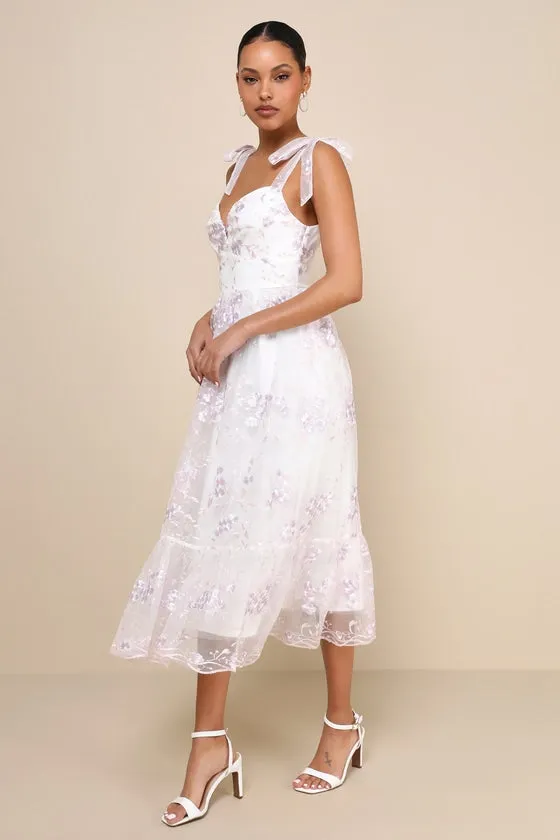 Floral Embroidered Tie-Strap Midi Dress in white Gloria Lanvin
