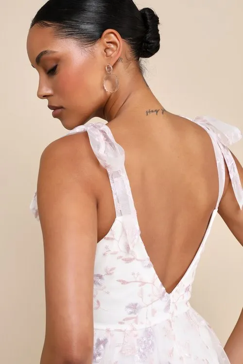 Floral Embroidered Tie-Strap Midi Dress in white Gloria Lanvin