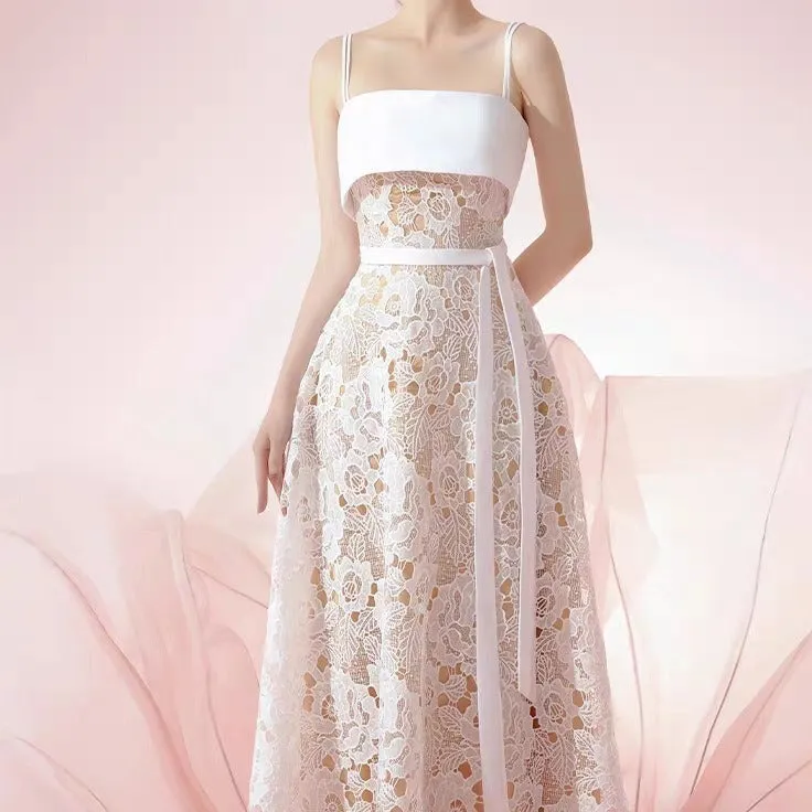 FLORAL EMBROIDERY FLARED MIDI DRESS IN WHITE Gloria Lanvin