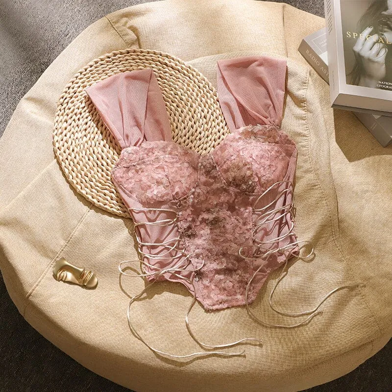 FLORAL EMBROIDERY LACE UP CORSET TOP Gloria Lanvin