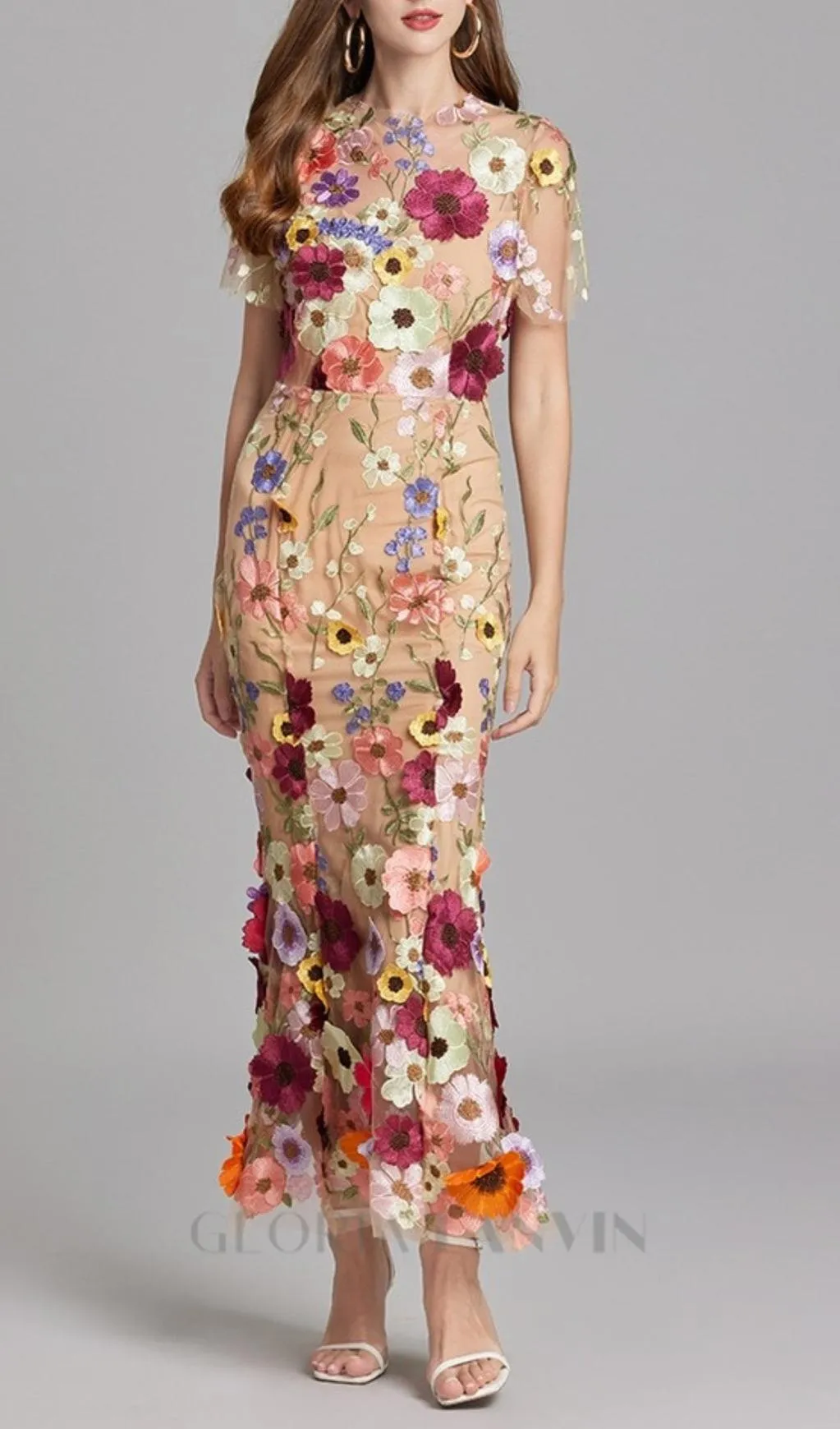 FLORAL EMBROIDERY MESH FISHTAIL MIDI DRESS IN BROWN Gloria Lanvin