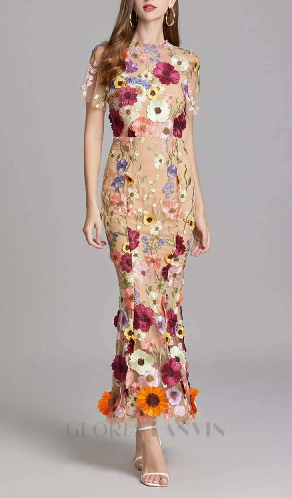 FLORAL EMBROIDERY MESH FISHTAIL MIDI DRESS IN BROWN Gloria Lanvin
