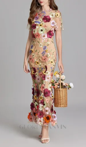 FLORAL EMBROIDERY MESH FISHTAIL MIDI DRESS IN BROWN Gloria Lanvin