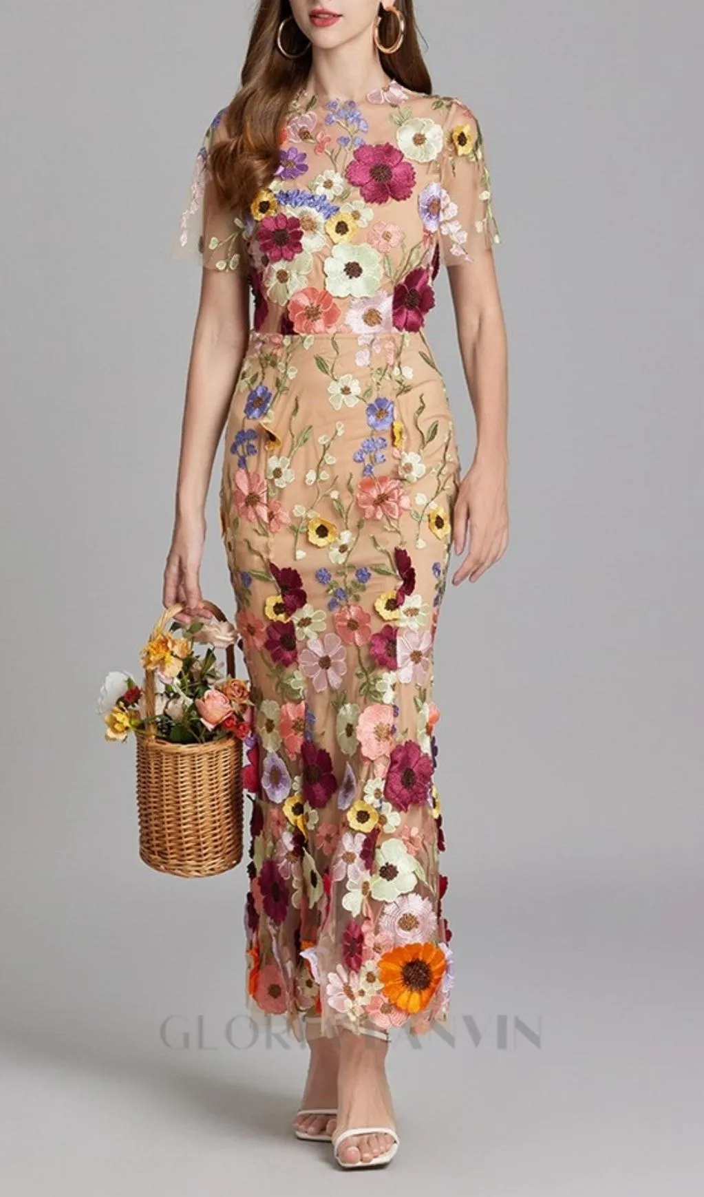 FLORAL EMBROIDERY MESH FISHTAIL MIDI DRESS IN BROWN Gloria Lanvin