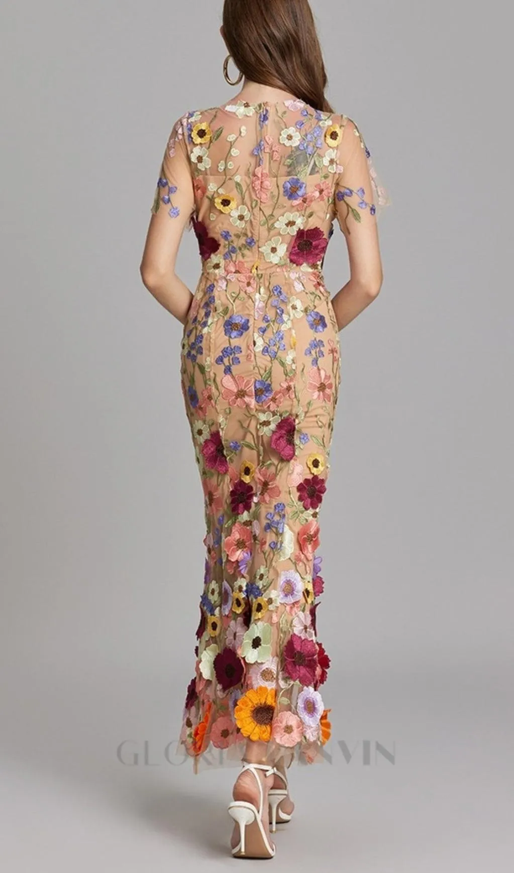 FLORAL EMBROIDERY MESH FISHTAIL MIDI DRESS IN BROWN Gloria Lanvin