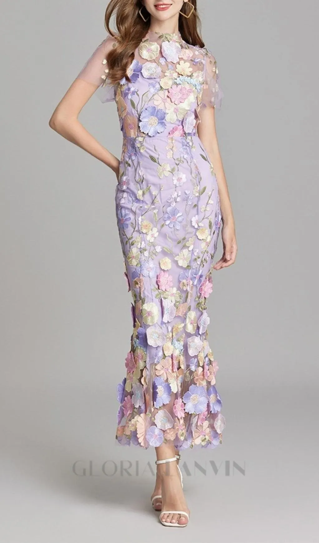 FLORAL EMBROIDERY MESH FISHTAIL MIDI DRESS IN PURPLE Gloria Lanvin