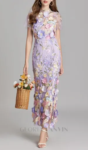 FLORAL EMBROIDERY MESH FISHTAIL MIDI DRESS IN PURPLE Gloria Lanvin