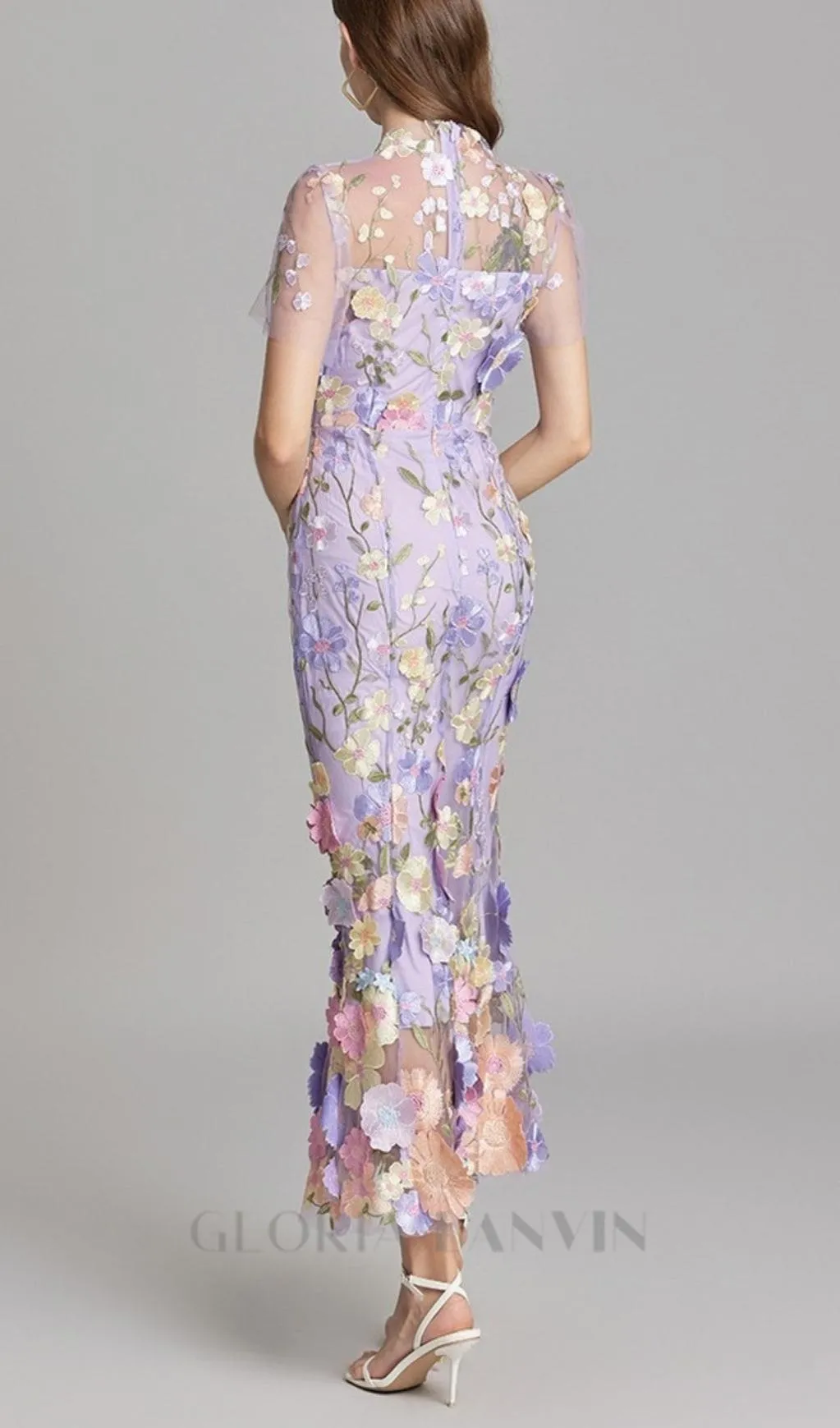 FLORAL EMBROIDERY MESH FISHTAIL MIDI DRESS IN PURPLE Gloria Lanvin