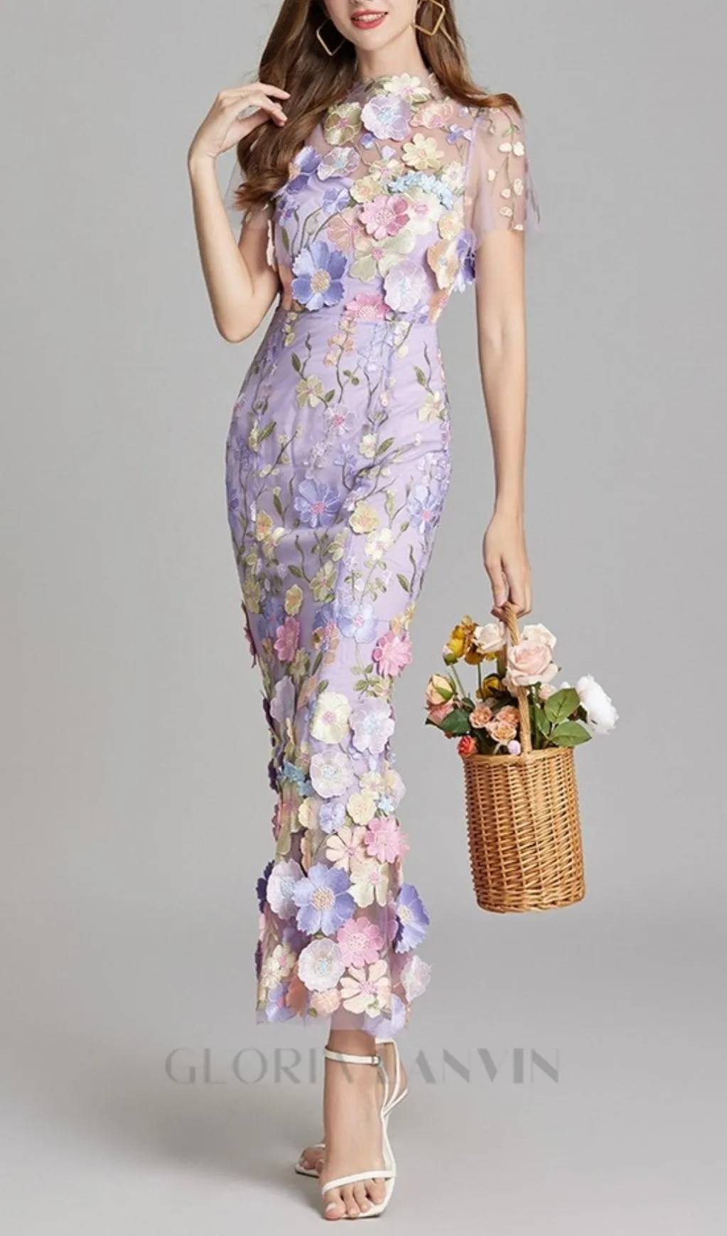 FLORAL EMBROIDERY MESH FISHTAIL MIDI DRESS IN PURPLE Gloria Lanvin