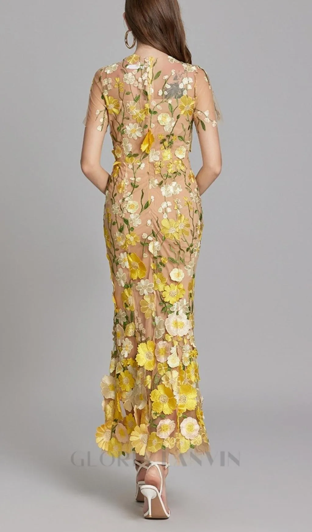 FLORAL EMBROIDERY MESH FISHTAIL MIDI DRESS IN YELLOW Gloria Lanvin