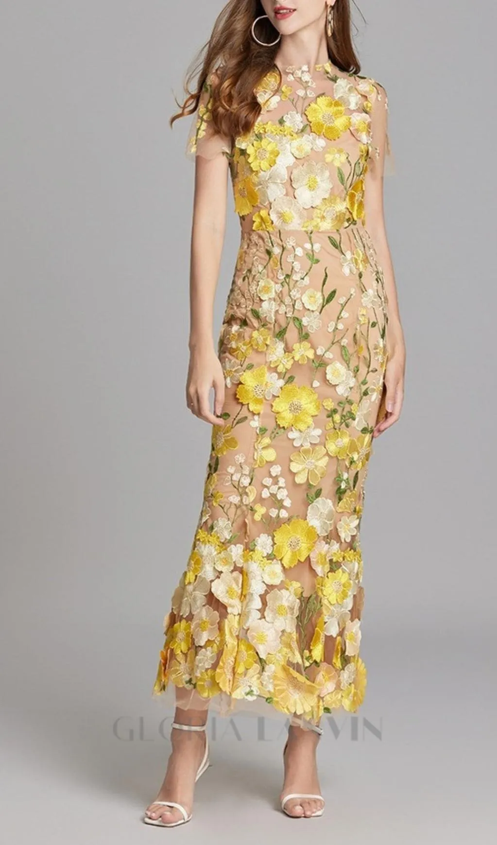 FLORAL EMBROIDERY MESH FISHTAIL MIDI DRESS IN YELLOW Gloria Lanvin