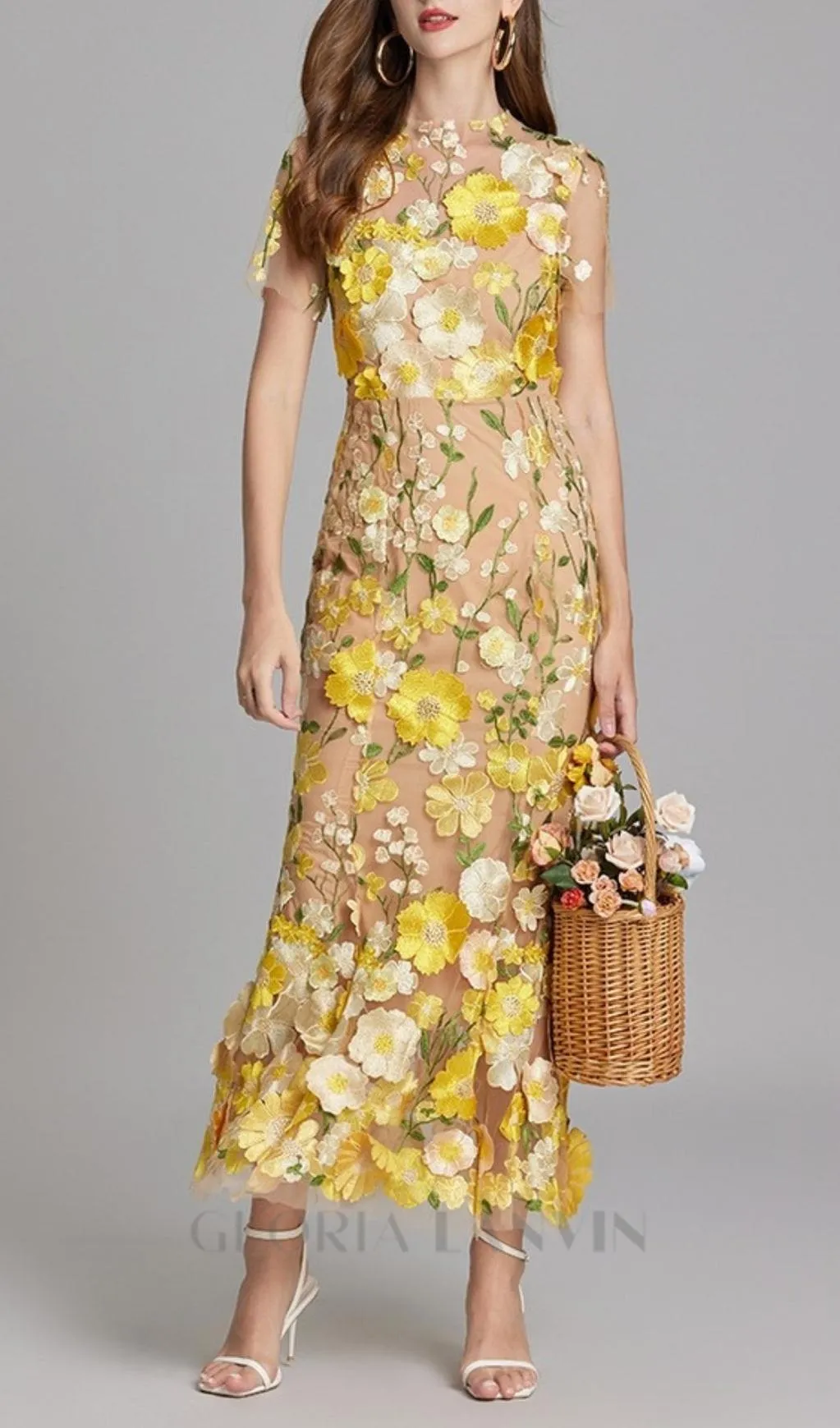 FLORAL EMBROIDERY MESH FISHTAIL MIDI DRESS IN YELLOW Gloria Lanvin