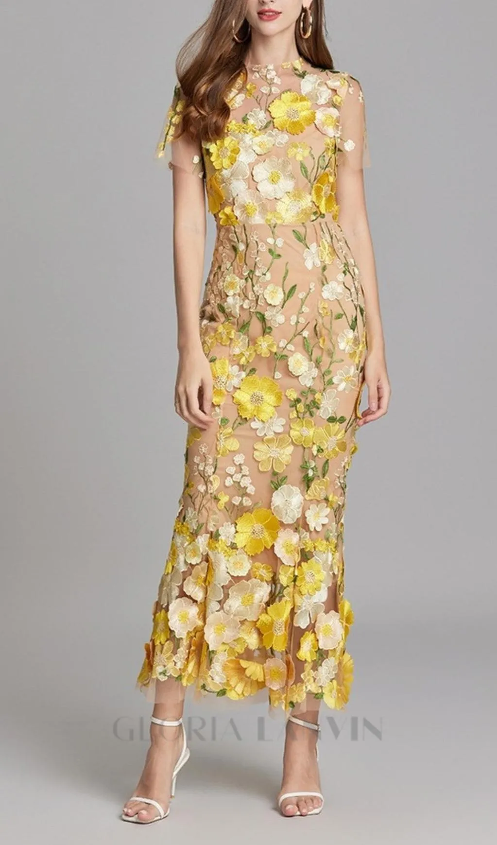 FLORAL EMBROIDERY MESH FISHTAIL MIDI DRESS IN YELLOW Gloria Lanvin