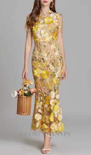 FLORAL EMBROIDERY MESH FISHTAIL MIDI DRESS IN YELLOW Gloria Lanvin