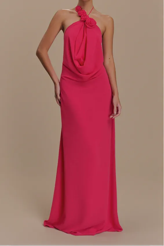 Floral halterneck high collar maxi dress in Rose Pink Gloria Lanvin