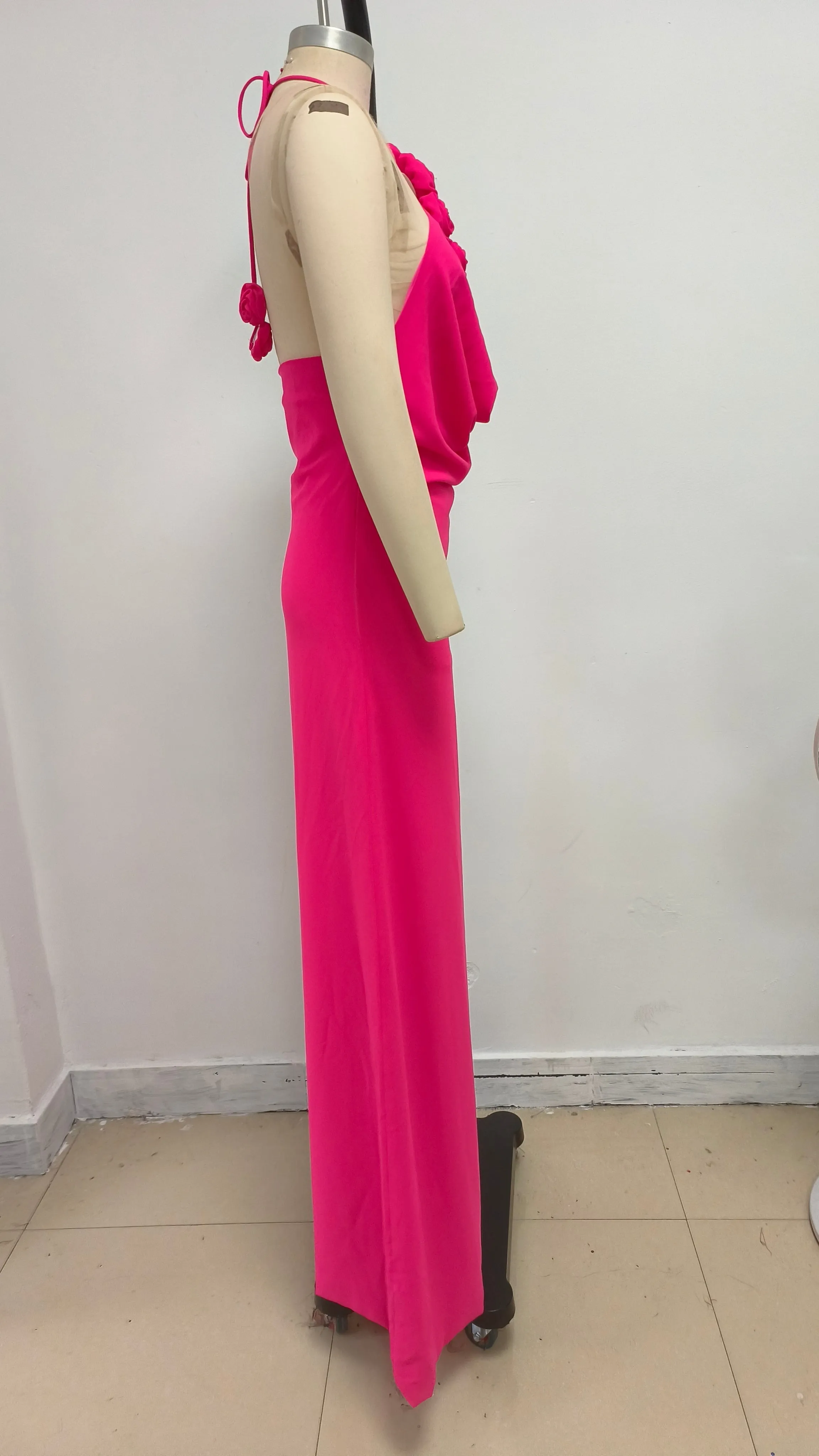Floral halterneck high collar maxi dress in Rose Pink Gloria Lanvin