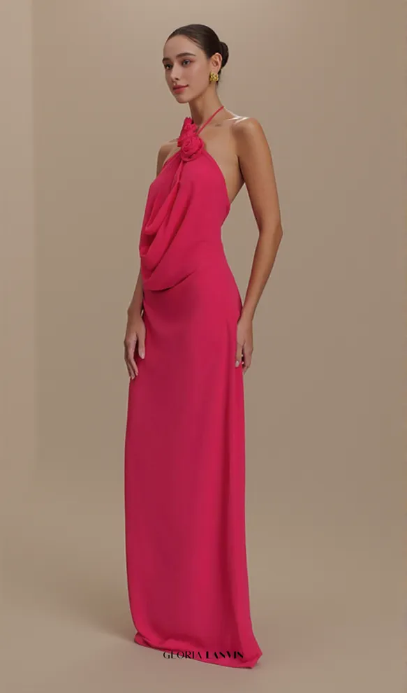Floral halterneck high collar maxi dress in Rose Pink Gloria Lanvin