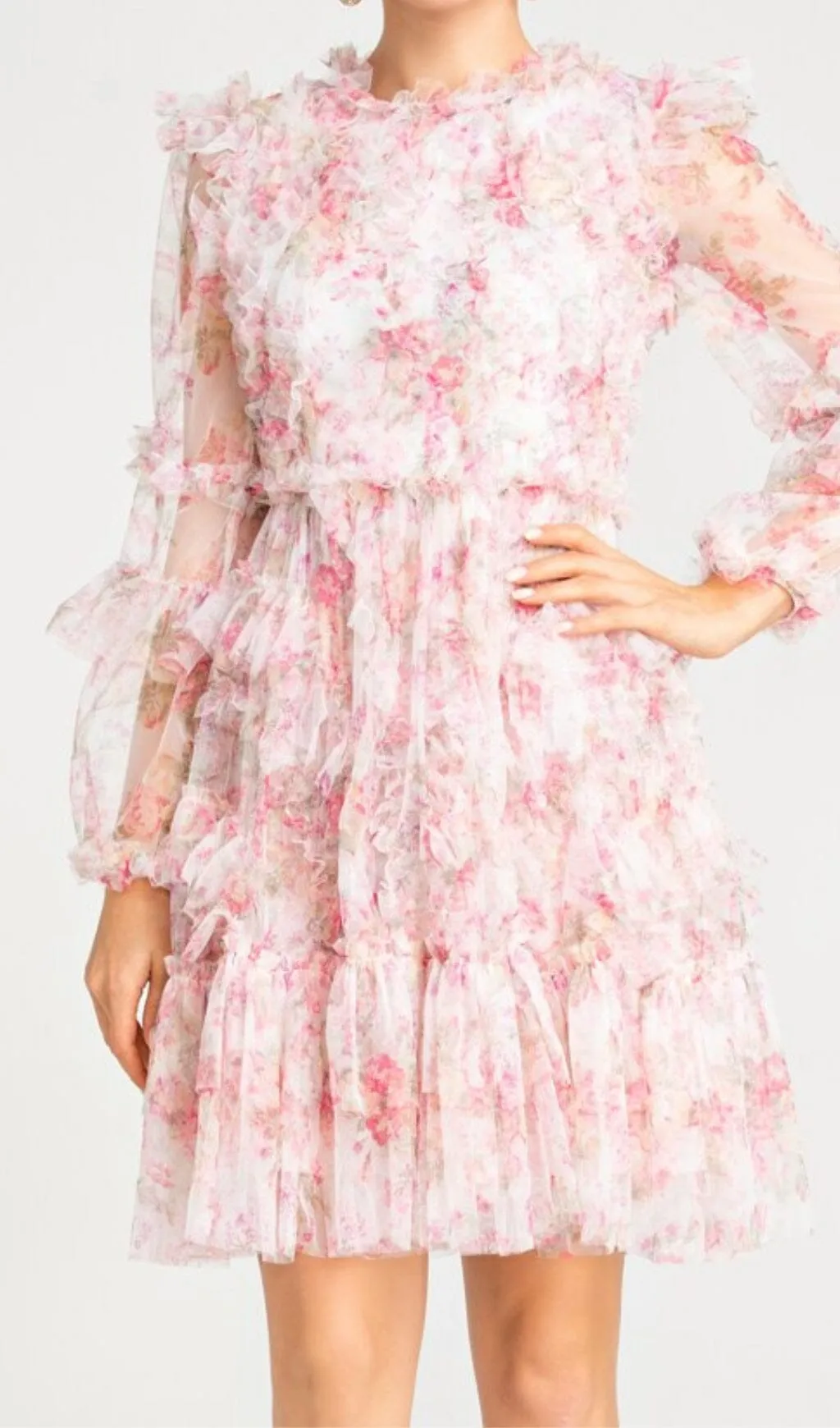 FLORAL MESH HEM MINI DRESS IN PINK Gloria Lanvin
