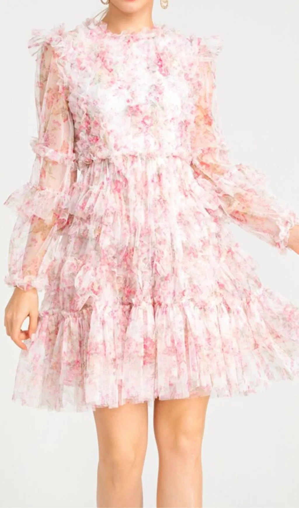 FLORAL MESH HEM MINI DRESS IN PINK Gloria Lanvin