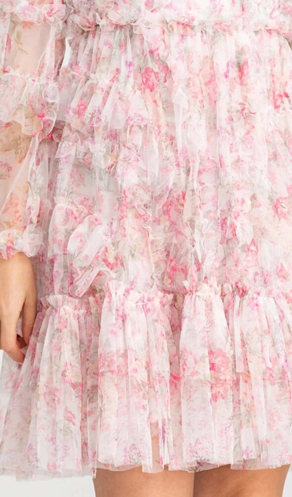 FLORAL MESH HEM MINI DRESS IN PINK Gloria Lanvin